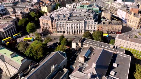 Día-Soleado-En-El-Centro-De-La-Ciudad-De-Dublín,-Toma-Aérea-De-La-Universidad-Más-Antigua-De-Irlanda,-El-Famoso-Trinity-College