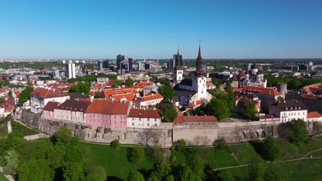 Aerial-Pullback-Reveals-Walls-of-Tallinn-surrounding-Historic-Old-Town-in-Estonia