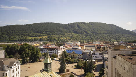 Panorama-Motion-Time-Lapse-of-Žilina-City,-Slovakia-viewed-from-Burian's-Tower-on-summer-sunny-day