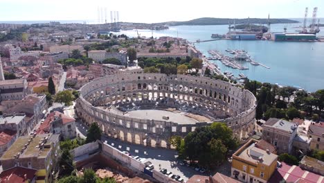 Aerial-View-of-the-Ancient-Roman-Amfitheater-In-Pula,-Istria,-Croatia