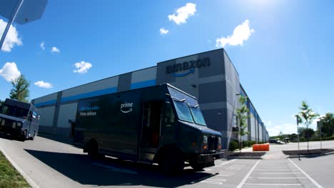 Amazon-van---truck-drives-away-from-Amazon-warehouse-fish-eye-lens