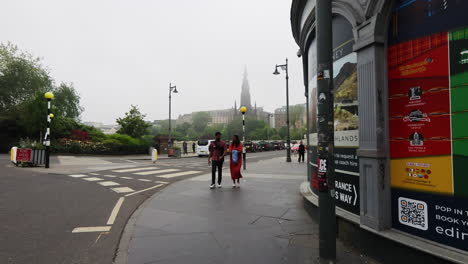 Scott-Monument-In-Fog-Seen-From-Waverley-Bridge-In-Edinburgh,-Scotland