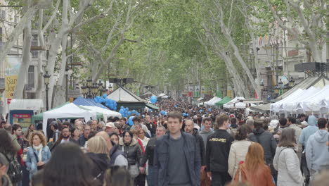 Crowd-Of-People-On-Tree-lined-Pedestrian-Street-La-Rambla-In-Barcelona,-Spain