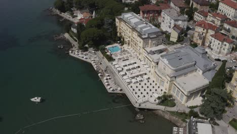 Magnificent-Facade-Of-Hotel-Kvarner-In-Opatija-Croatia---aerial-shot