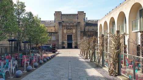 Exterior-view-of-Malmaison-Oxford-Castle-and-Prison,-popular-tourism-attraction-landmark-in-Oxford-City,-England-UK