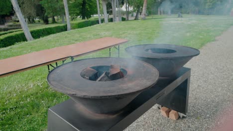 Holzkohlegrill-Im-Freien-Mit-Rauch-In-Einer-Parkumgebung