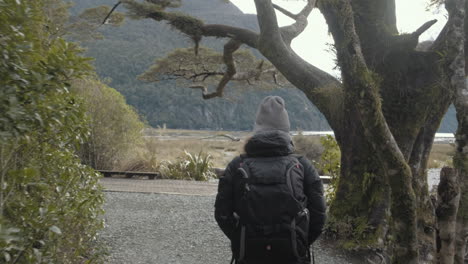 Girl-hiking-through-forrest-and-sitting-on-bench-in-front-of-incredible-view-of-mountains-and-fiords-in-New-Zealand