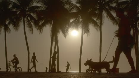 Busy-tropical-urban-beach,-silhouettes,-transport,-leisure,-exercise