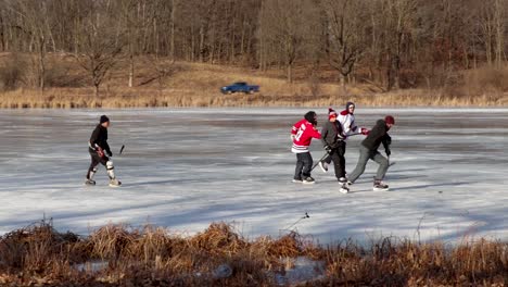 Un-Grupo-De-Varios-Amigos-Está-Jugando-Hockey-Sobre-Estanques-En-Un-Lago-Congelado