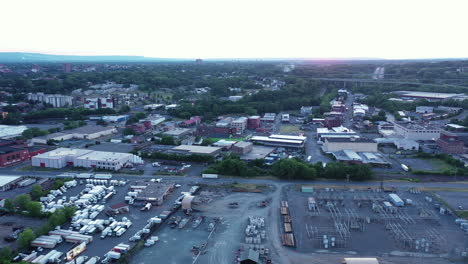 Truck-north-to-south-over-industrial-Albany-at-dusk