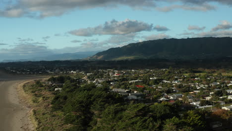 Drone-shot-of-the-Waikanae-beach-settlement-in-the-Kapiti-Coast,-west-cost-of-the-North-Island-of-New-Zealand