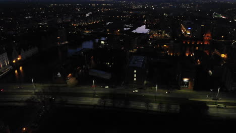 Aerial-night-view-of-the-street-in-the-historic-Gdansk-district