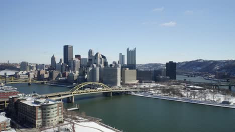 Drone-reveal-shot-of-Pittsburgh-skyline-across-the-river