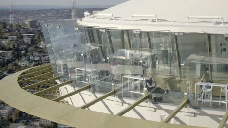 Close-up-aerial-view-The-Space-Needle-observation-deck-in-Seattle-city