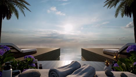 Spa-Wellness-3-Con-Palmeras,-Flores,-Toallas,-Rocas-Curativas-Y-Cremas-De-Tratamiento-De-Spa-Sobre-Superficie-De-Madera,-Durante-El-Día,-Animación-3d,-Tratamiento-De-Salón-De-Spa,-Relajación