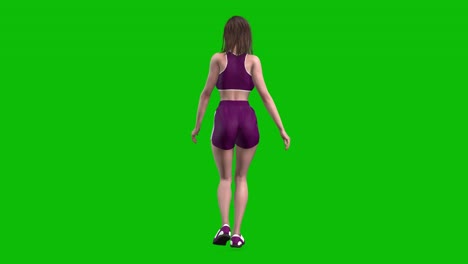 3D-Sportlerin-In-Lila-Sportkleidung,-Eng-Anliegender-Sportbekleidung,-Mit-Shorts,-Schnelles-Gehen-Auf-Grünem-Bildschirm,-3D-Loop-Animation,-Rückansicht