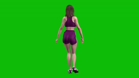 3D-Sportlerin-In-Lila-Sportkleidung,-Eng-Anliegender-Sportbekleidung,-Mit-Shorts,-Glückliches-Gehen-Auf-Grünem-Bildschirm,-3D-Loop-Animation,-Rückansicht