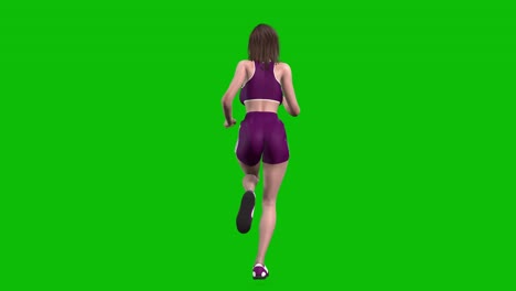 Atleta-Femenina-3d-Con-Ropa-Deportiva-Morada,-Ropa-Deportiva-Ajustada,-Con-Pantalones-Cortos,-Corriendo-En-Pantalla-Verde,-Animación-En-Bucle-3d,-Vista-Posterior