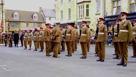 Troops-of-the-British-Royal-Anglian-regiment,-also-know-as-The-Poachers,on-parade-in-Uppingham,-in-the-county-ofRutland,-being-inspected-by-a-high-ranking-officer