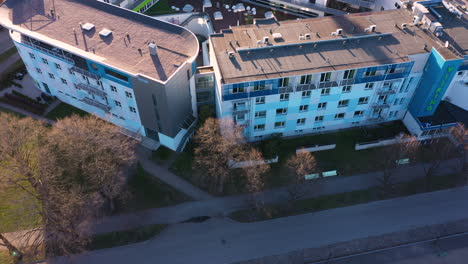 Aerial-tilt-up-shot-of-Viiking-SPA-Hotel-in-Parnu-during-sunny-day