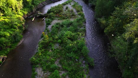 Magnífica-Vista-Aérea-Panorámica-Del-Río-Cedro-Salmón-Que-Fluye-En-Un-Exuberante-Bosque-Verde-Durante-La-Puesta-De-Sol-En-El-Estado-De-Washington