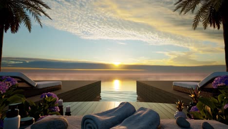 Spa-wellness-setting-3-with-palms,-flowers,-towels,-healing-rocks,-and-spa-treatment-creams-on-wooden-surface,-on-sunrise,-3D-animation,-SPA-salon-treatment,-relaxation