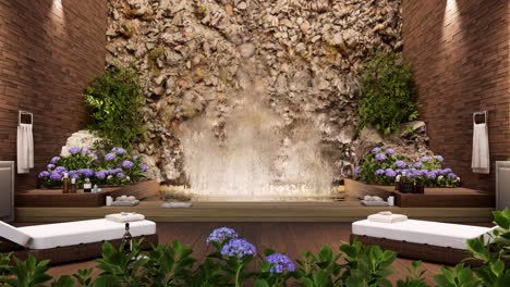 Spa-Wellness-Umgebung-4-Mit-Innenpool,-Wasserfall,-Blumen,-Handtüchern,-Heilsteinen-Und-Spa-Behandlungscremes-Auf-Holzoberfläche,-Tagsüber,-3D-Animation,-Spa-Salon-Behandlung,-Entspannung