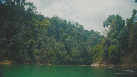 Lush-green-jungle-surrounding-a-tranquil-emerald-lake-in-Khao-Sok-National-Park,-Thailand