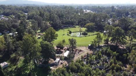 Drone-flying-towards-a-small-lake-and-a-green-park-with-shady-trees-showing-a-river-in-the-background