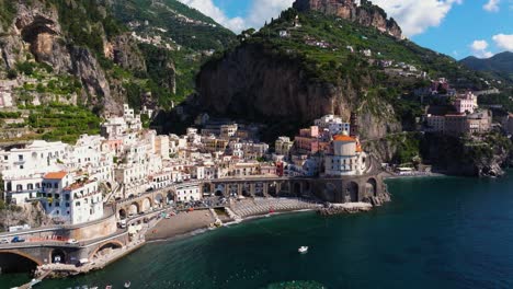 Beautiful-Aerial-View-Above-Atrani---Famous-Beach-Town-in-Amalfi-Coast,-Italy