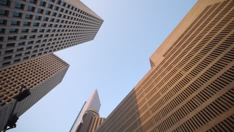 Low-angle-view-of-skyscrapers-in-downtown-Houston,-Texas