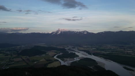 Scenic-Landscape,-River-and-Mountains-at-Sunset