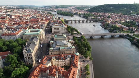 Panorama-Aéreo-De-Praga,-Puentes-Y-Calles,-Río-Vltava