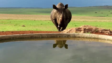 White-Rhino-approaching-and-drinking-at-a-water-hole,-with-a-large-storm-building-in-the-background,-his-reflection-in-the-water-as-he-drinks-in-the-late-afternoon-sunset-in-Africa