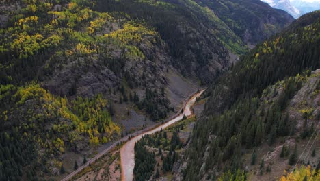 Cinematic-Aerial-View,-Million-Dollar-Highway-and-Red-Mountain-Creek,-Colorado-USA-in-Autumn-Season