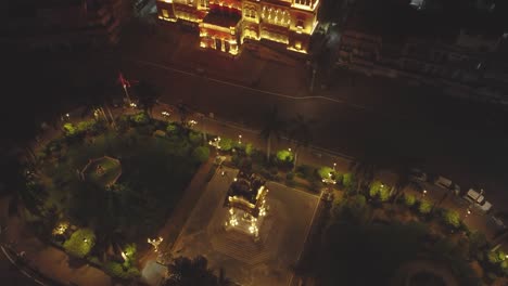 Aerial-drone-shot-of-historical-crossroad-square-at-maharaj-bada-of-Gwalior-India