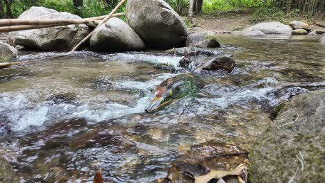 Timelapse-view-of-a-river-in-Minca,-Colombia,-with-clear-water-flowing-over-rocks,-surrounded-by-a-natural-environment