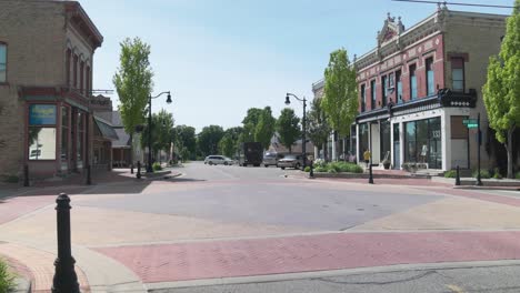 Downtown-Howard-City,-Michigan-with-gimbal-video-walking-forward