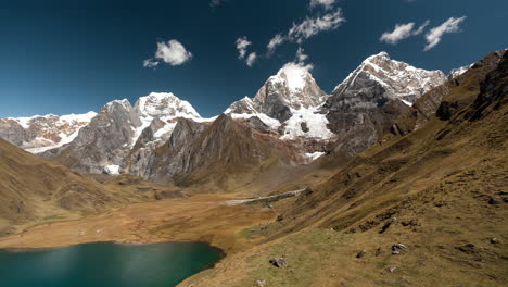 Timelapse,-Sunny-Day-in-Andes-Mountain-Range,-Snow-Capped-Peaks-and-Alpine-Lake