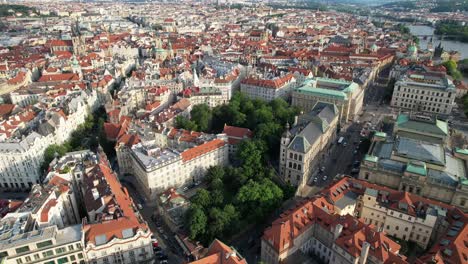 City-Prague,-bridge-and-streets,-aerial-panorama-view,-Vltava-river