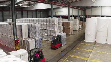 Front-wheel-loaders-storing-packaged-toilet-papers-in-storage-warehouse-of-France