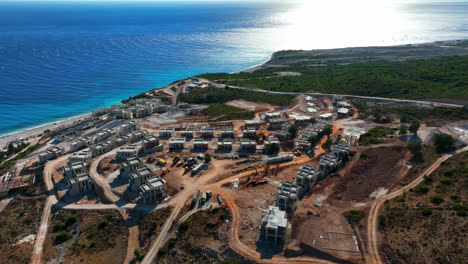 Aerial-view-of-a-holiday-apartments-under-construction,-summer-day-in-Albania