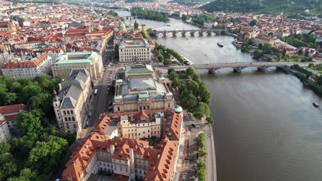 City-Prague,-bridge-and-streets,-aerial-view,-Vltava-river