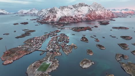 Aerial-view-of-Lofoten-Islands-beautiful-landscape-during-winter