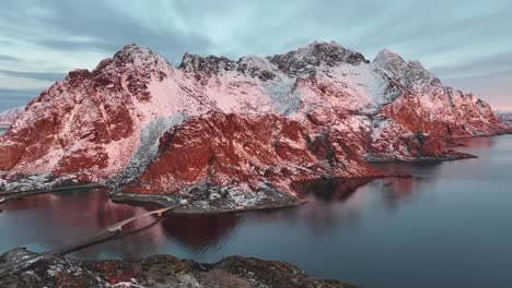 Aerial-view-of-Lofoten-Islands-beautiful-landscape-during-winter