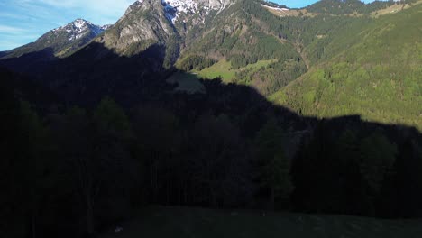 Drone-tilt-up-shot-reveal-Mountain-Landscape-surrounded-by-Forests-with-Snowy-Summit-on-a-sunny-day-in-Austria,-Europe