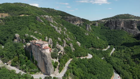 Drone-view-Holy-Monastery-of-Rousanos---Saint-Barbara-Meteora-Greece-Spring-Day