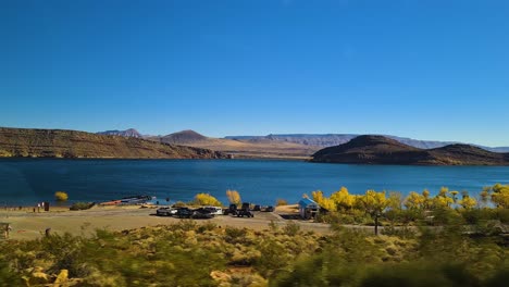 Quail-Creek-Water-Reservoir,-Utah-USA,-Driving-by-Lake-and-Recreational-Area