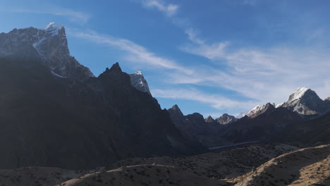 Aerial-drone-view-of-the-Sagarmatha-mountain-range-from-the-Everest-Base-Camp-trek,-Nepal