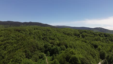 Aerial-rising-shot,-revealing-forest-covered-range-in-Bulgaria